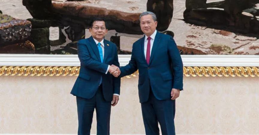ជួបជាមួយ ឯកឧត្តម មីន អោង ឡាំង (Min Aung Hlaing) ប្រធានាធិបតី នៃសាធារណរដ្ឋសហភាពមីយ៉ាន់ម៉ា ក្នុងជំនួបទ្វេភាគី និងពិភាក្សាការងារ នៅវិមានសន្តិភាព។