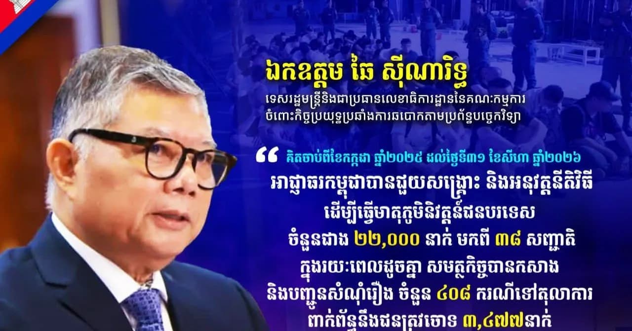 ឯកឧត្តម ឆៃ ស៊ីណារិទ្ធ ទេសរដ្ឋមន្ត្រីនិងជាប្រធានលេខាធិការដ្ឋាននៃគណៈកម្មការចំពោះកិច្ចប្រយុទ្ធប្រឆាំងការឆបោកតាមប្រព័ន្ធបច្ចេកវិទ្យា៖