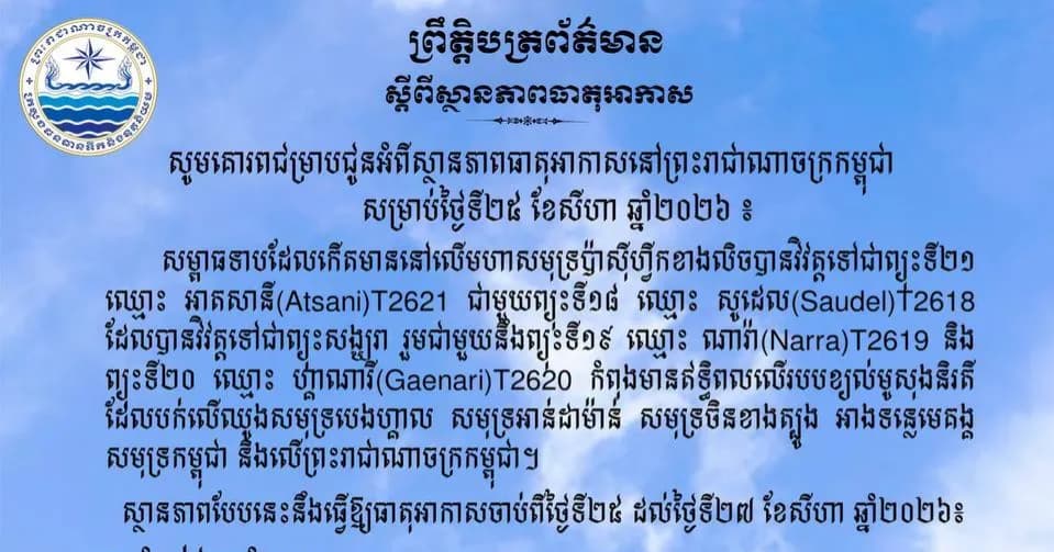 ស្ថានភាពធាតុអាកាសនៅព្រះរាជាណាចក្រកម្ពុជា សម្រាប់ថ្ងៃទី២៥ ខែសីហា ឆ្នាំ២០២៦៖