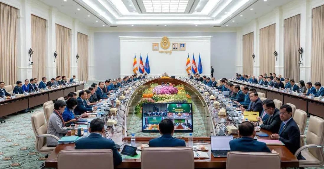សម្តេចមហាបវរធិបតី ហ៊ុន ម៉ាណែត នាយករដ្ឋមន្ត្រីនៃកម្ពុជា អញ្ជើញដឹកនាំកិច្ចប្រជុំពេញអង្គគណៈរដ្ឋមន្ត្រី នៅវិមានសន្តិភាព ដើម្បីពិភាក្សា និងឆ្លងលើរបៀបវារៈចំនួន៥៖
