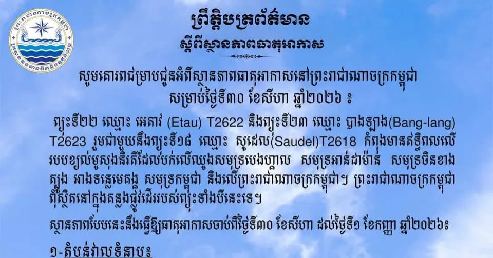 ស្ថានភាពធាតុអាកាសនៅព្រះរាជាណាចក្រកម្ពុជា សម្រាប់ថ្ងៃទី៣០ ខែសីហា ឆ្នាំ២០២៦