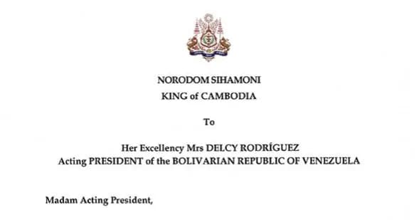 ព្រះករុណព្រះមហាក្សត្រ ប្រទានព្រះរាជសាររម្លែកទុក្ខជូន លោកជំទាវ Delcy Rodriguez